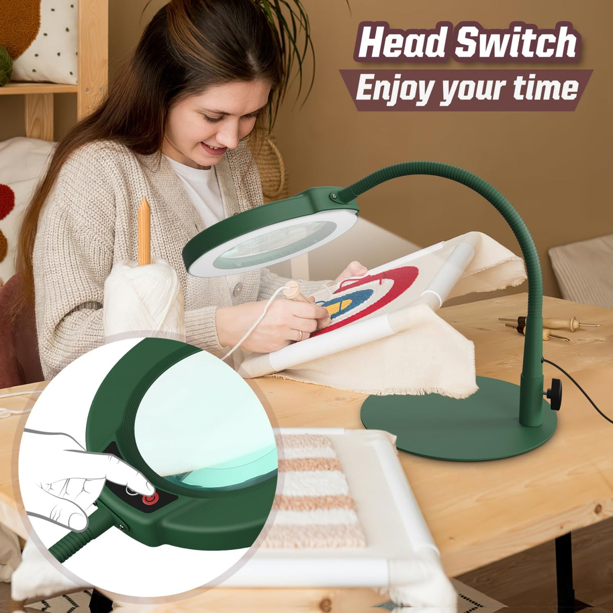 Krstlv 10X Magnifying Glass with Light and Stand, 5 Color Modes Stepless Dimmable LED Lighted Desk Lamp, Hands Free Flexible Gooseneck Magnifier with Light for Craft Hobby Painting Close Work - Green