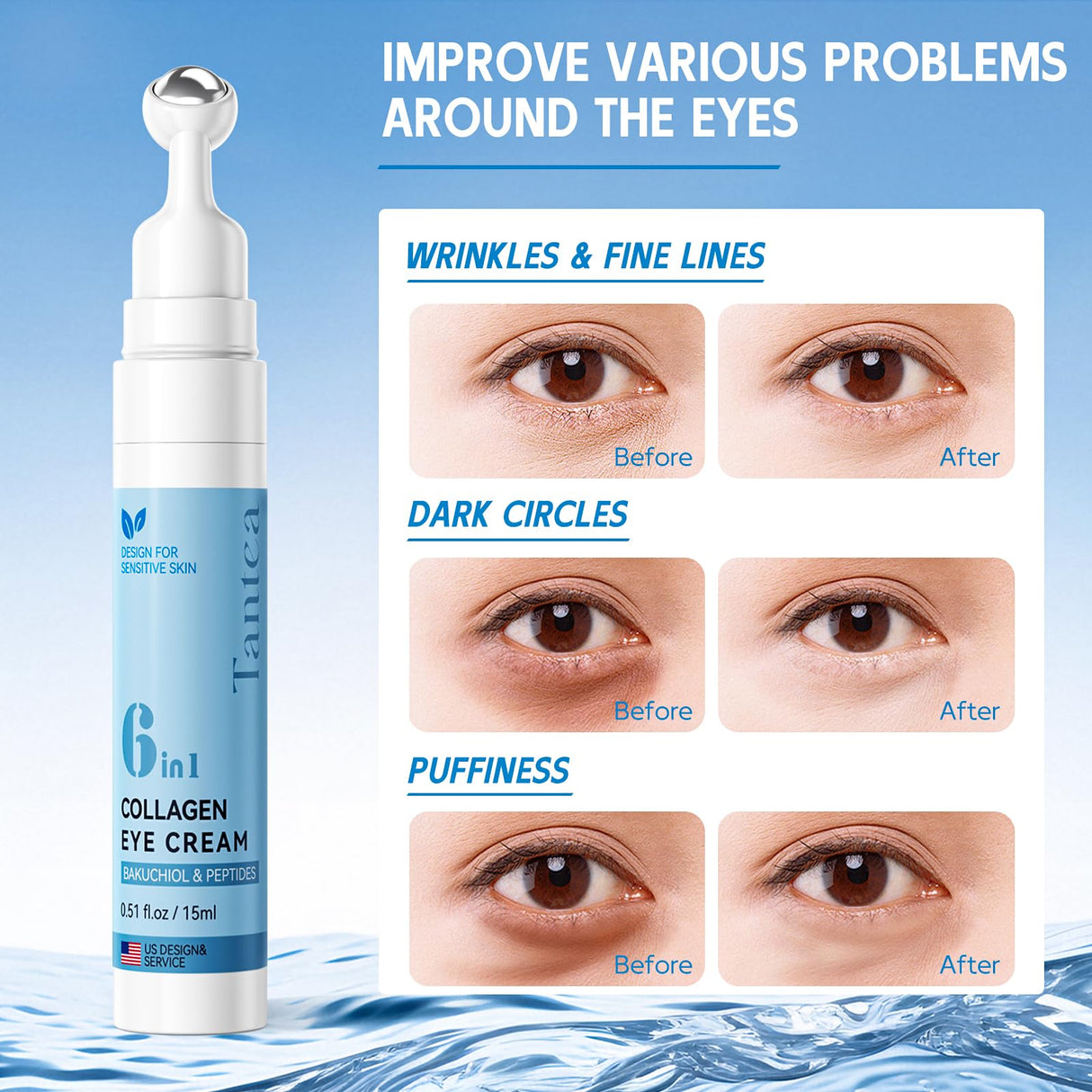 Tantea Under Eye Cream Anti-Aging | 6 in 1 Collagen Anti-Wrinkle Eye Cream - Peptides, Bakuchiol, Centella - Wrinkles | Fine Lines | Dark Circles | Puffiness | Natural Retinol Alternative, 0.68 fl.Oz