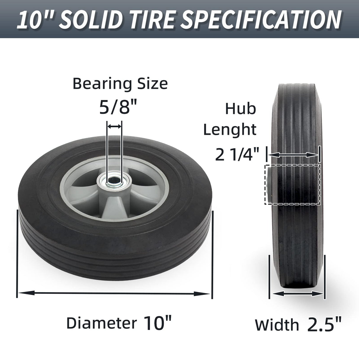 GICOOL 10" x 2.5" Flat-Free Solid Rubber Tire and Wheel 5/8" Axle Bore Hole, 2 1/4" Offset Hub, Replacement 4.10/3.50-4" for Hand Truck Dolly Trolley Garden Wagon Cart Generator, 2 Pack