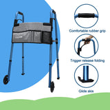 Loyoda Folding Walkers for Seniors,FSA/HSA Eligible Medical Walker 5'' Front Wheel Lightweight Walker with Storage Bag and Skis Glides Height Adjustable Aluminum Compact Standard Walker （Blue）