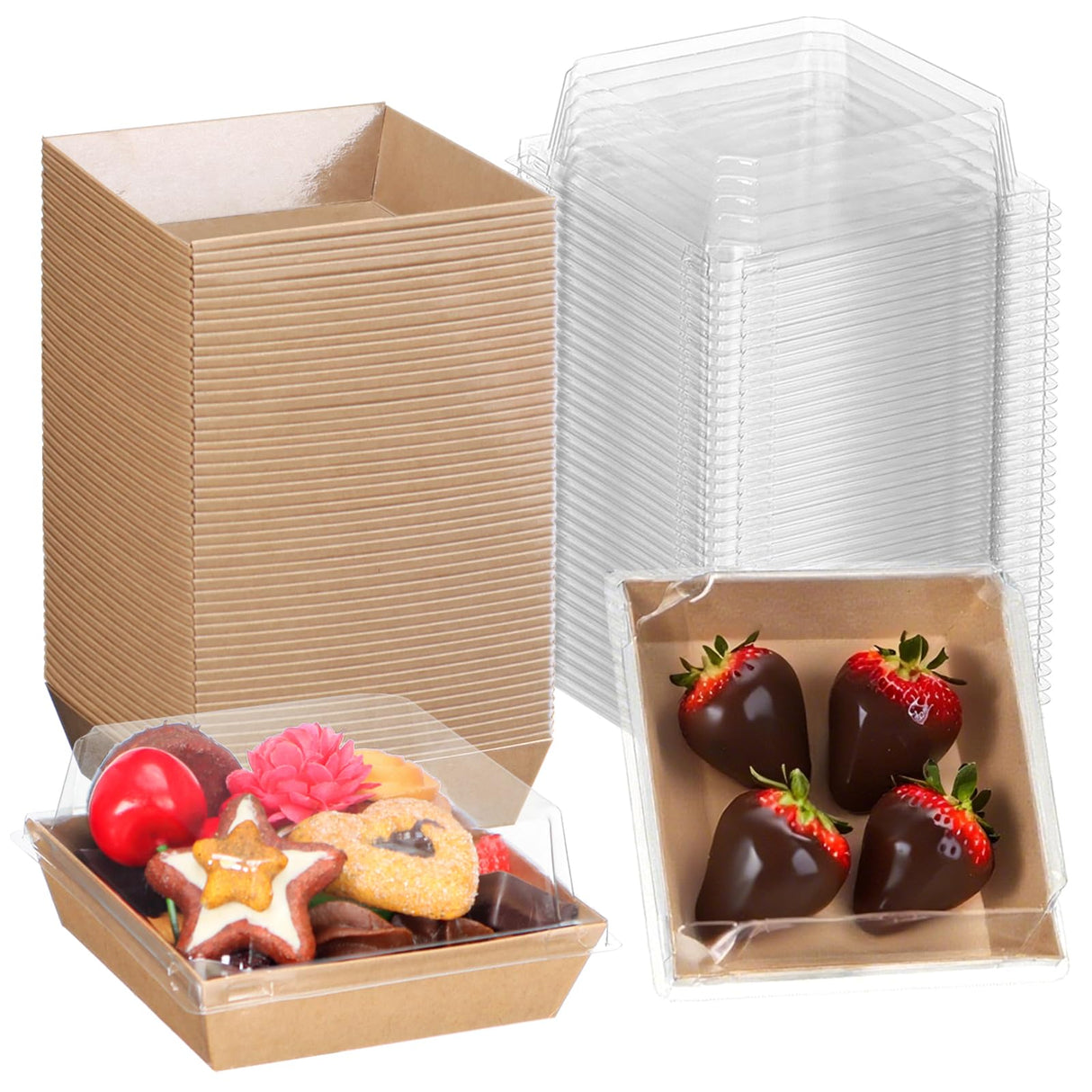 ROSPAKTEK 100Pack 4x4x2.5 Inches Charcuterie Boxes with Clear Lids - Bakery, Chocolate Covered Strawberries, Cupcake, Pie, Treat, Macaron Boxes for Christmas, Valentine's