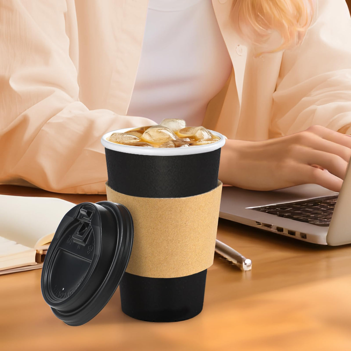 Lamosi 20 Pack 16 oz Disposable Coffee Cups with Lids and Sleeves, White Leak-Proof To Go Coffee Cups with Lids, Hot/Cold Beverage Drinking Cup for Home, Office, Hotel, Parties, Travel