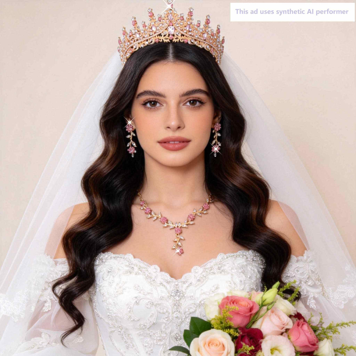 Kamirola Tiaras and Crowns for Women,Tiaras Earrings Necklace, Crystal Bridal Jewelry Set (Gold Pink)