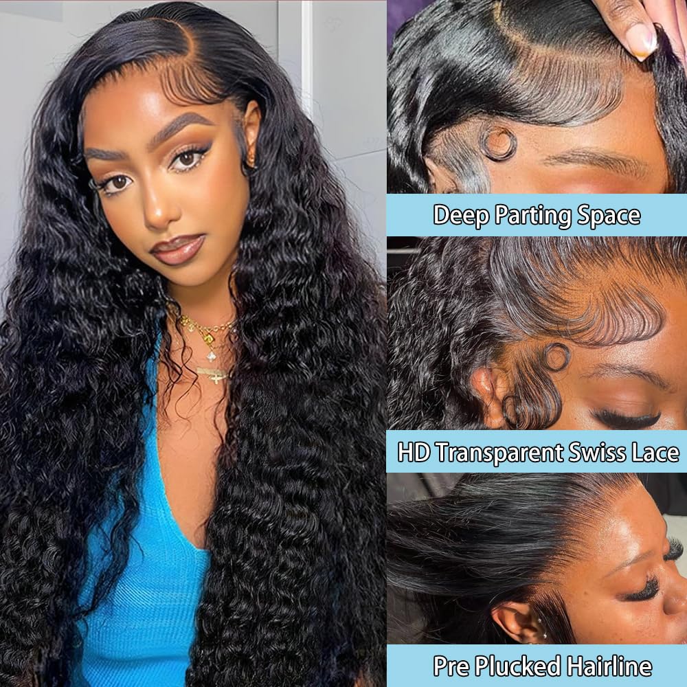 JYGeng 32 Inch Deep Wave Lace Front Wigs Human Hair 13x6 HD Lace Front Wigs Human Hair Pre Plucked 200% Density Glueless Wigs with Baby Hair Deep Curly Wig for Women