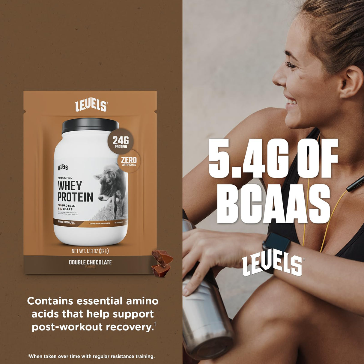 Levels Grass Fed Whey Protein Powder, No Artificials, 24G of Protein, Double Chocolate, 12 Count