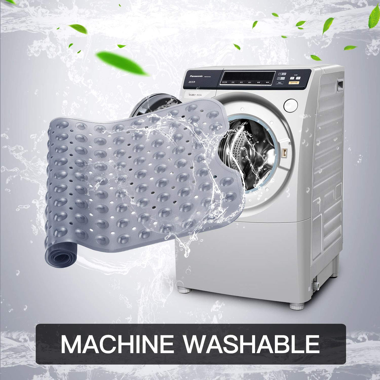 YINENN Bath and Shower Safety Mats 40x16 inch, Non Slip with Suction Cups for Bathroom Stall and Tub Floor, Extra Large and Machine Washable, Drain Holes Keep Bathtub Clean, Clear Gray