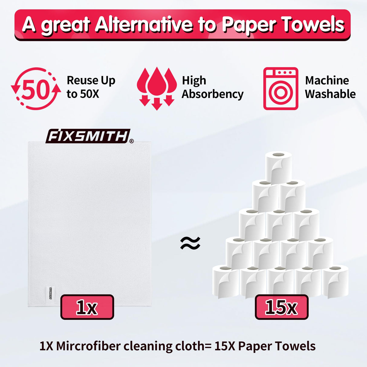 FIXSMITH White Microfiber Cleaning Cloth, Pack of 50, 16"X12" Cleaning Rags for Housekeeping and Kitchen, Reusable Shop Towels, Microfiber Towels for Cars, Lint Free, Scratch-Free, Highly Absorbent