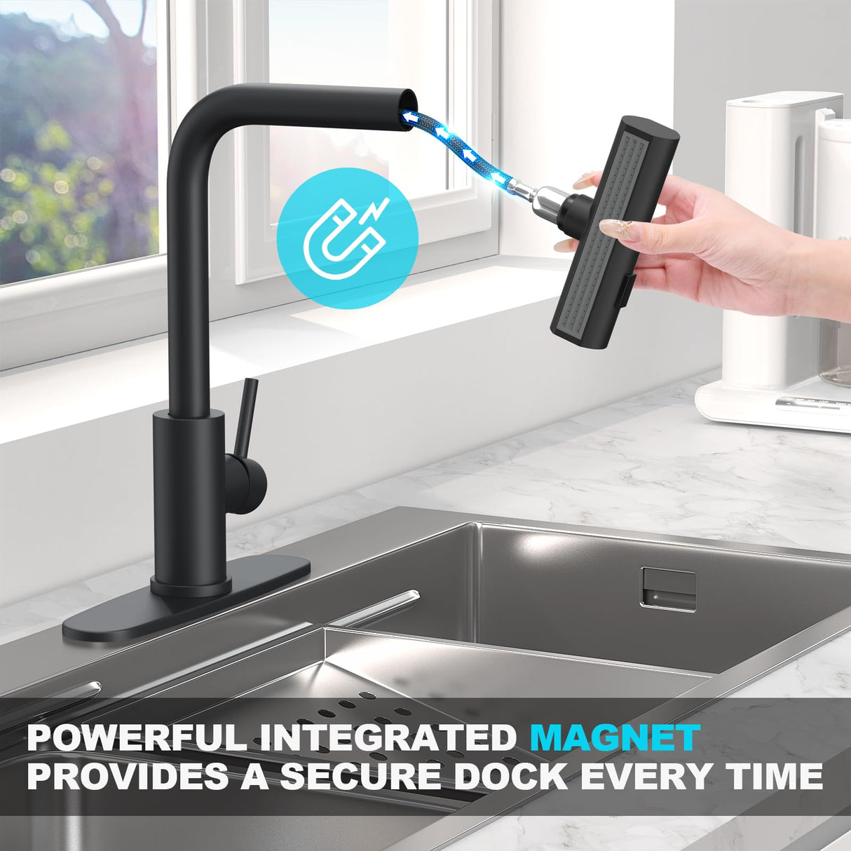 AVSIILE Matte Black Waterfall Kitchen Faucets with Pull Down Sprayer & Soap Dispenser, Single Hole & Handle, Pull Out Tap, Stainless Steel Sink Faucet, Suitable for Farmhouse Camper Laundry Rv Bar