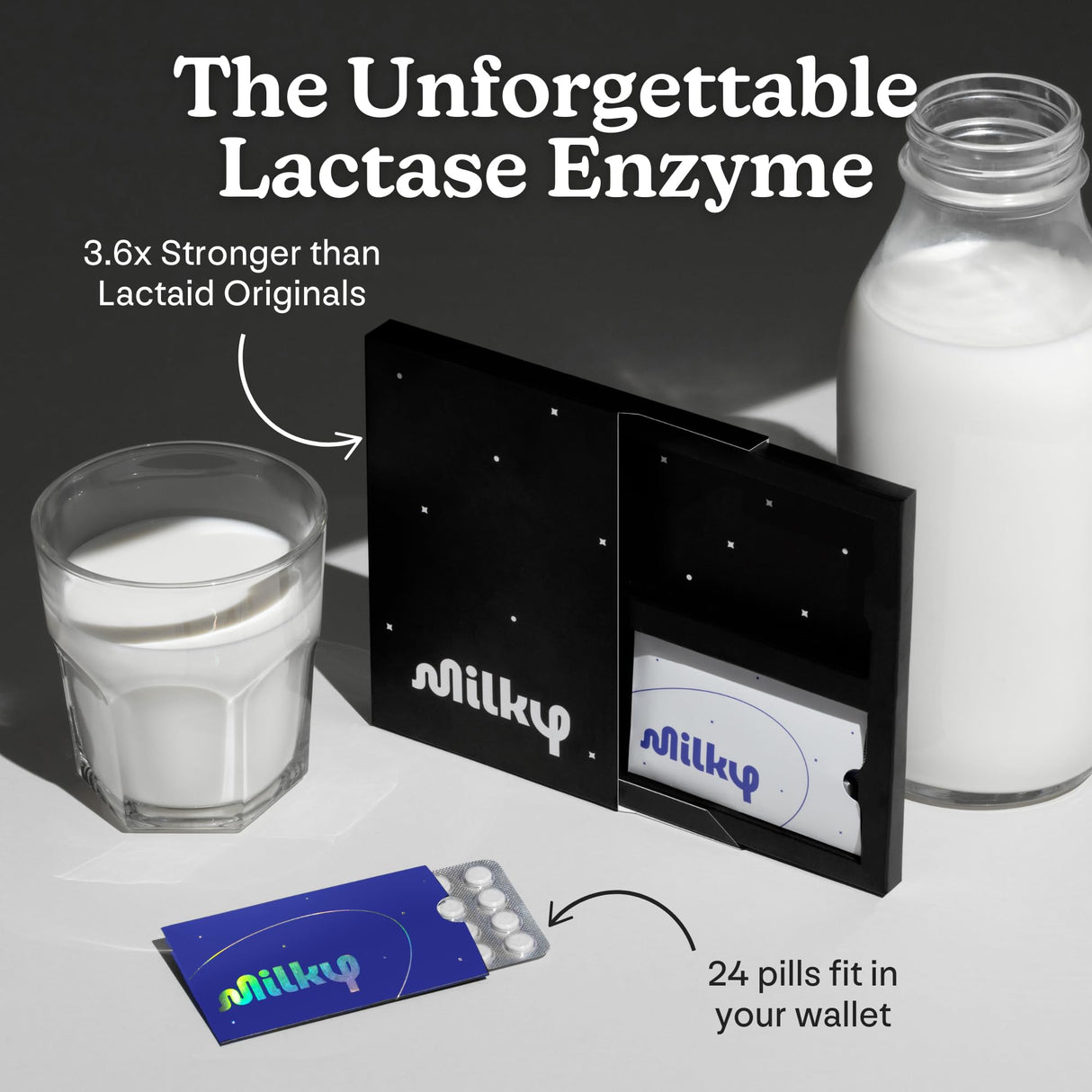 Milky Lactose Intolerance Pills - 10,800 FCC - Dairy Relief for Lactose Intolerance - Lactase Enzyme Tablets - Bloating & Gas Relief (48 Count Cosmic Black)
