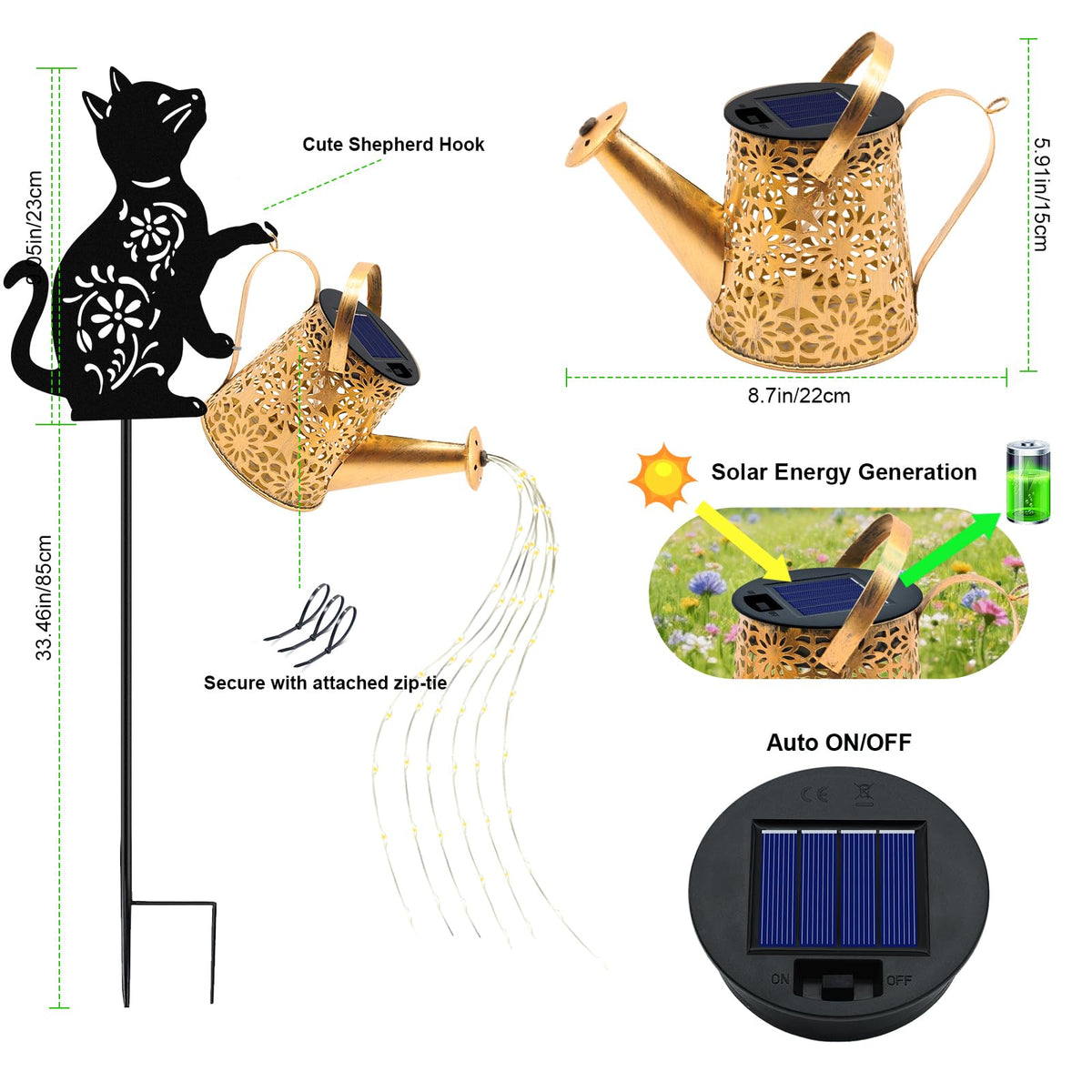 Solar Watering Can Lights, Cat Hanging Lantern Solar Lights Outdoor, Cat Lover Gifts for Mom Women Birthday Mother's Day Christmas, Waterproof Garden Decor Outside Patio Yard Pathway Backyard