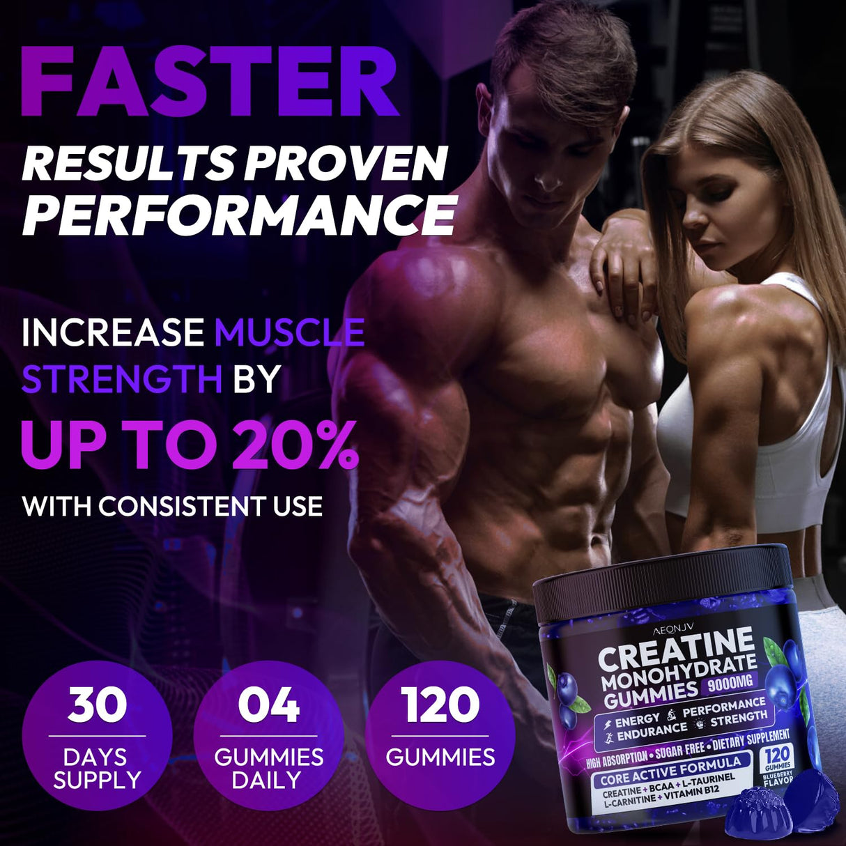 AEQNJV Creatine Gummies Monohydrate Complex for Men & Women, 9000MG Creatine Pre-Workout Supplement Enhance Muscle Strength Recovery Cognitive Health & Memory, 120 Gummies Sugar Free Vegan Non-GMO