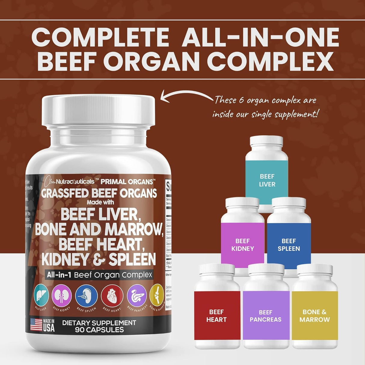 Clean Nutraceuticals Grass Fed Beef Liver Capsules - Premium Quality Supplement Packed with Desiccated, Beef Heart, Beef Spleen, Beef Pancreas Plus Bone & Marrow Dao Enzyme Pills