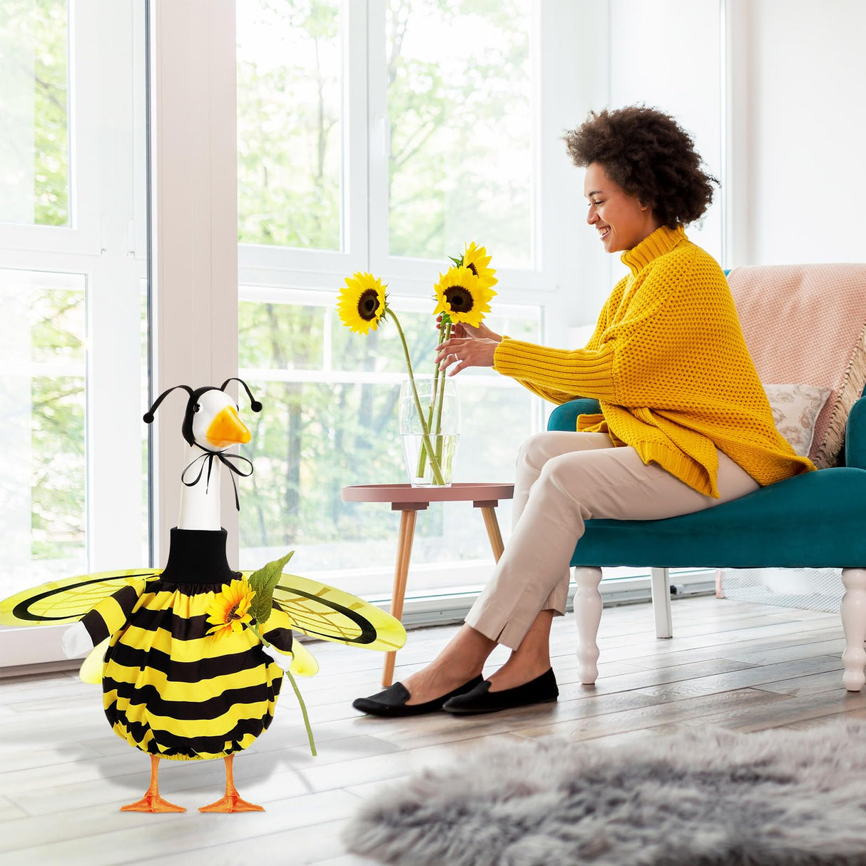 FuWeave Summer Bee Porch Goose Outfit for 23" Porch Goose Clothes with Bee Wings Sunflower for Spring Summer Outdoor Statue Garden Deck Patio Yard Lawn Art Decoration