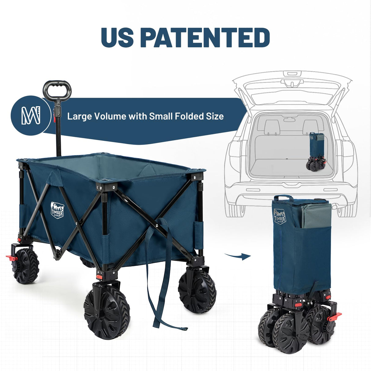 Timber Ridge Outdoor Collapsible Wagon with Brakes Utility Folding Cart Heavy Duty All Terrain Wheels for Shopping Camping Garden with Side Bag and Cup Holders, Blue
