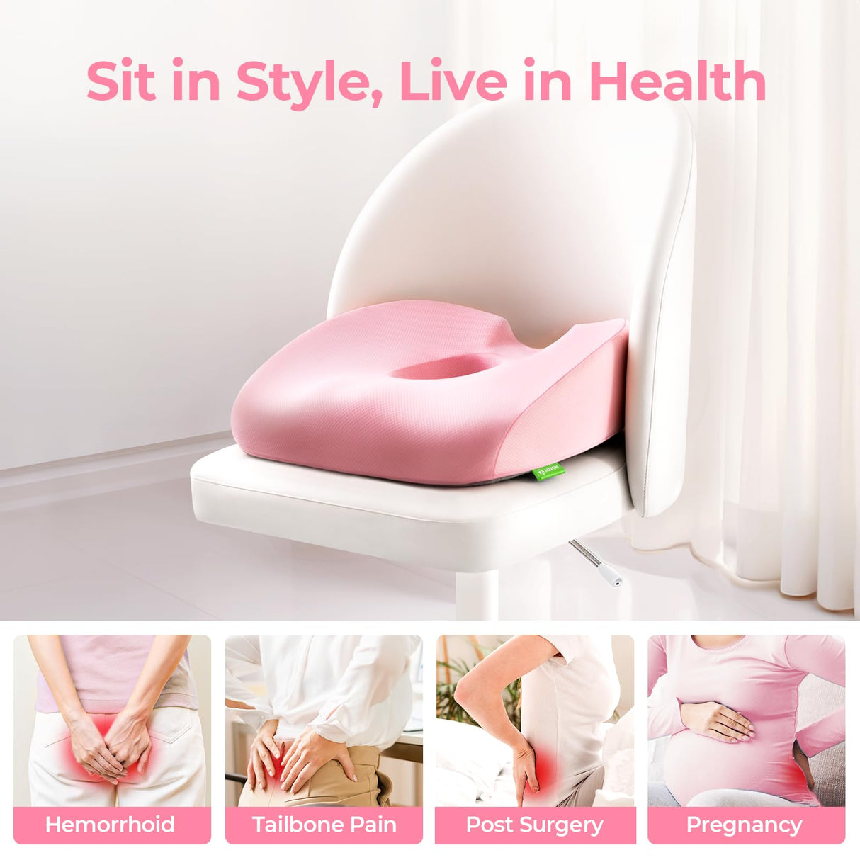 AUVON Innovative Donut Pillow Hemorrhoids Scientific Center Hole and Tailbone Cutout, Orthopedic Pain Relief Donut Seat Cushion for Coccyx, Sciatica, Postpartum Pregnancy, After Surgery Sitting Relief