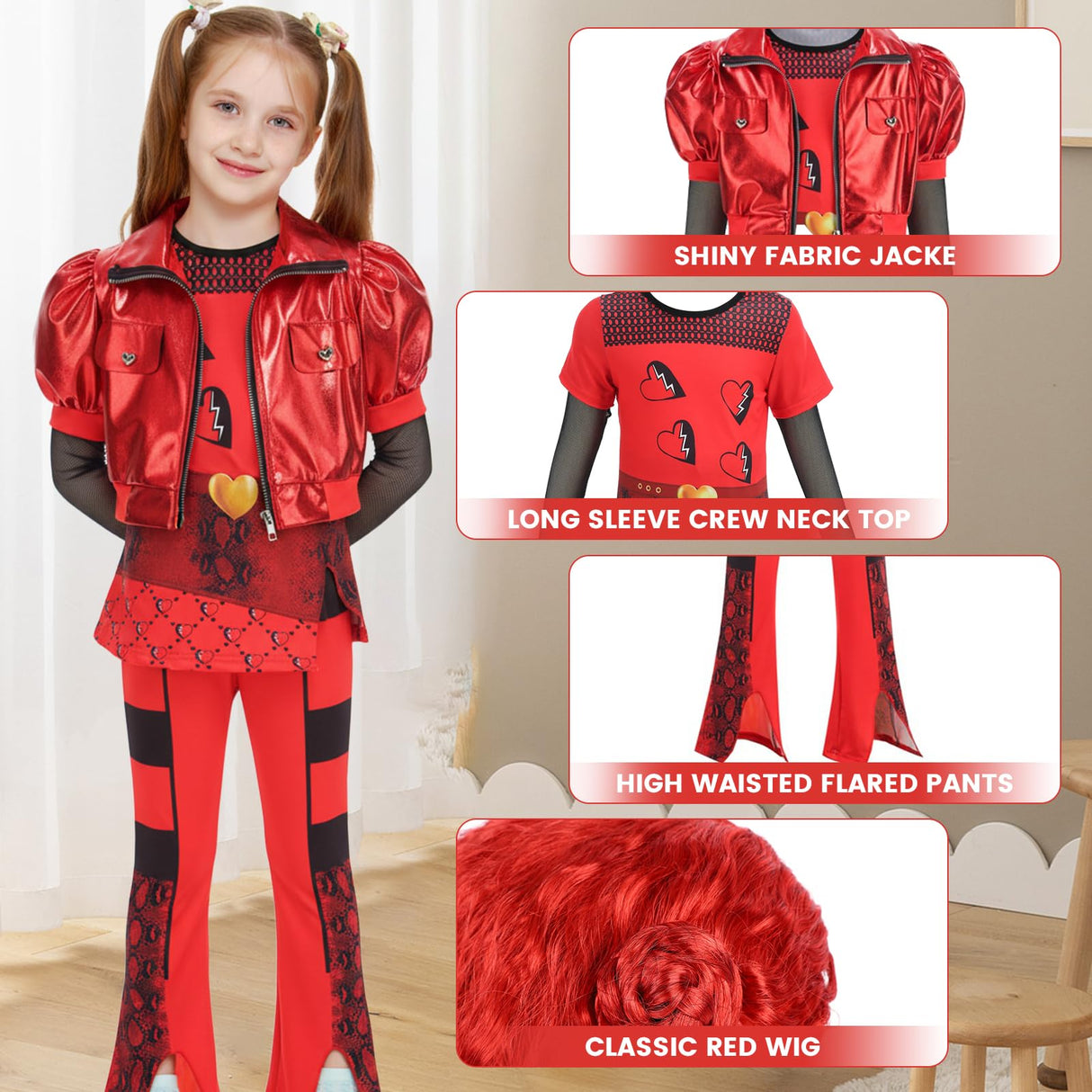 TAMOSKY Rise of Red Costume Girls Kids Halloween Christmas Cosplay Outfits with Red Cosplay Wig Includes Heart Shirt Jacket Pants Set Party Dress up for Kids 4-14Y
