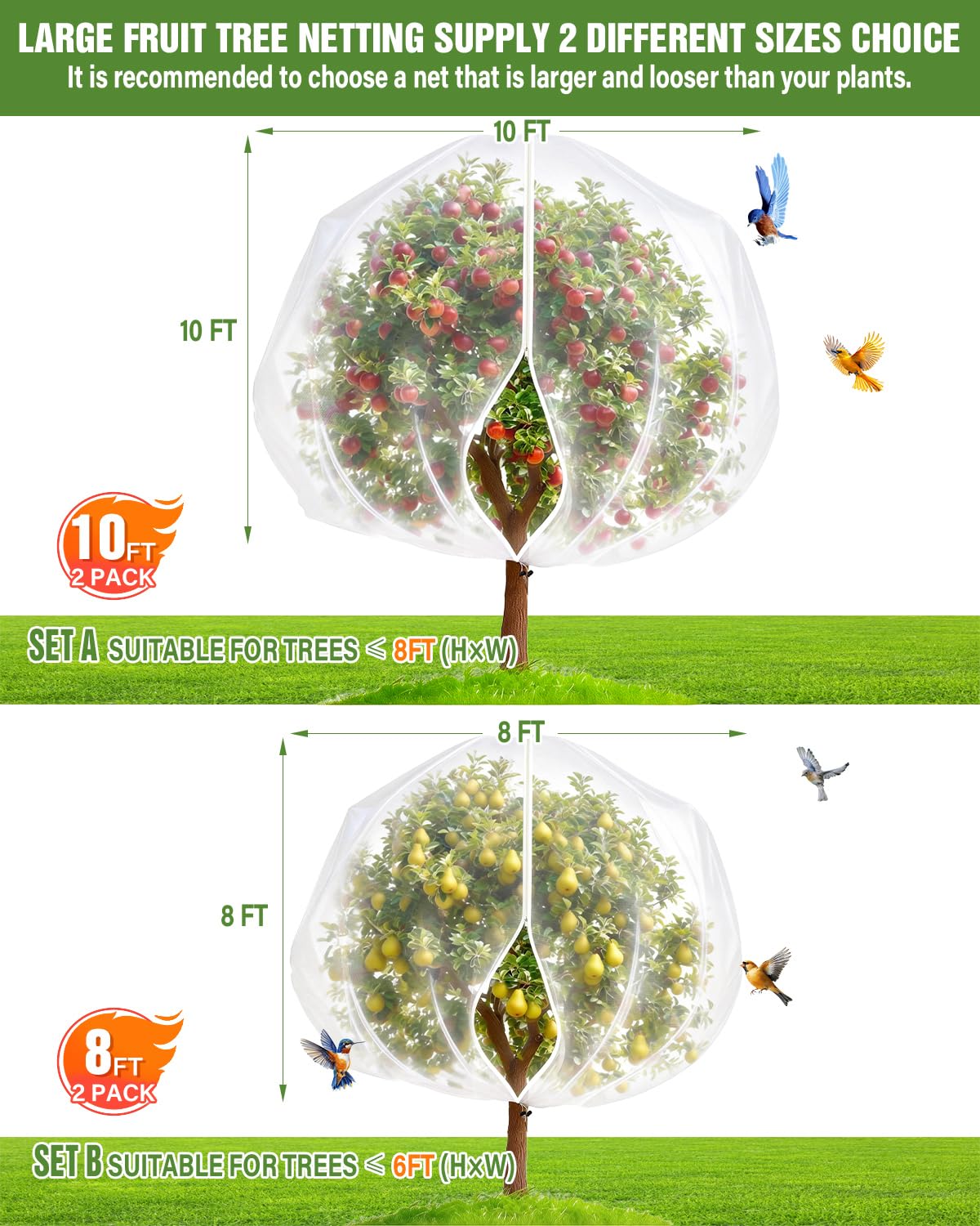 2 Packs 10x10FT Fruit Tree Netting with Zipper, 60-Mesh PE Pest Barrier