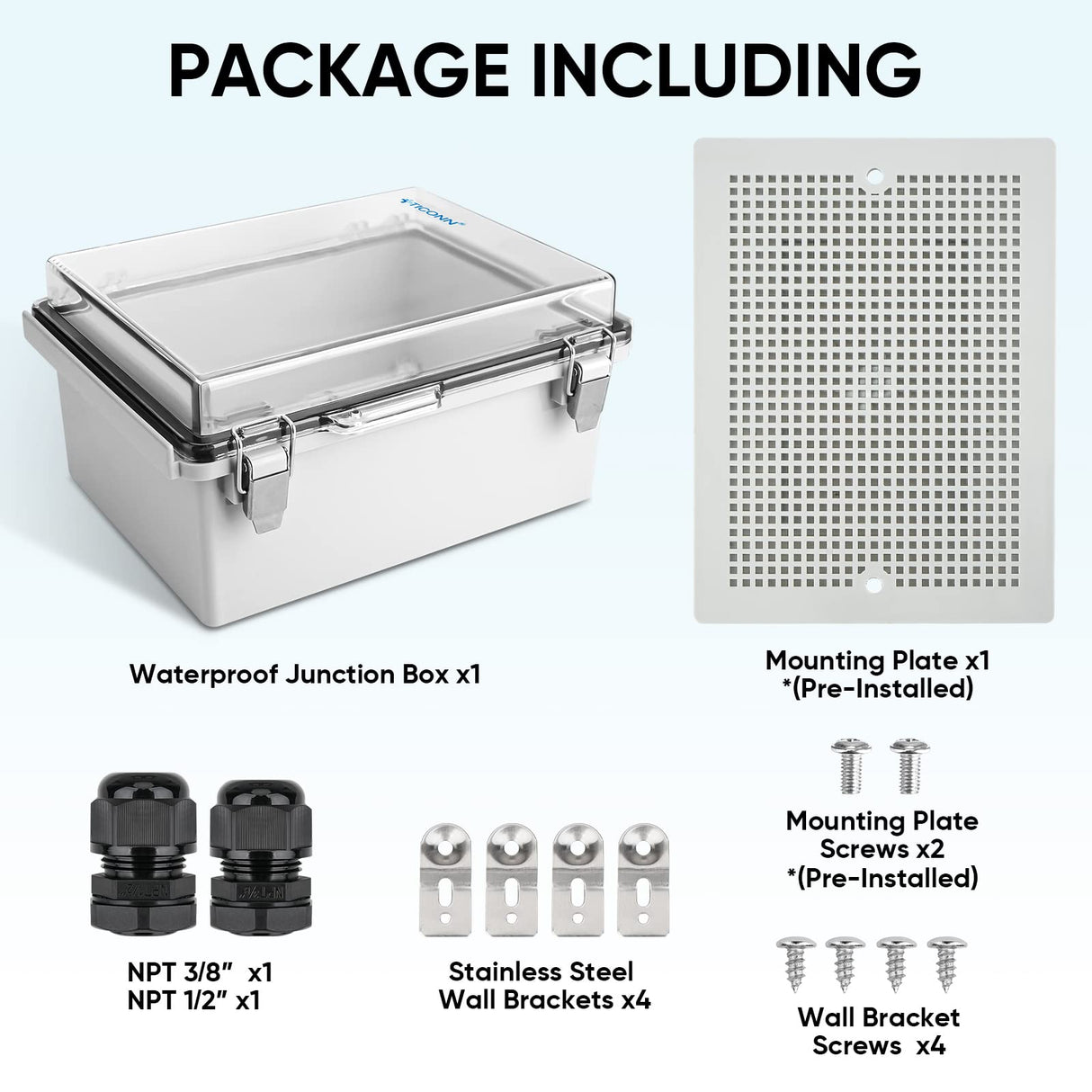 TICONN Outdoor Electrical Box Waterproof, Junction Box IP67 ABS Plastic Enclosure with Hinged Cover with Mounting Plate, Wall Brackets, Cable Glands (Clear, 8.7"x6.7"x4.3")