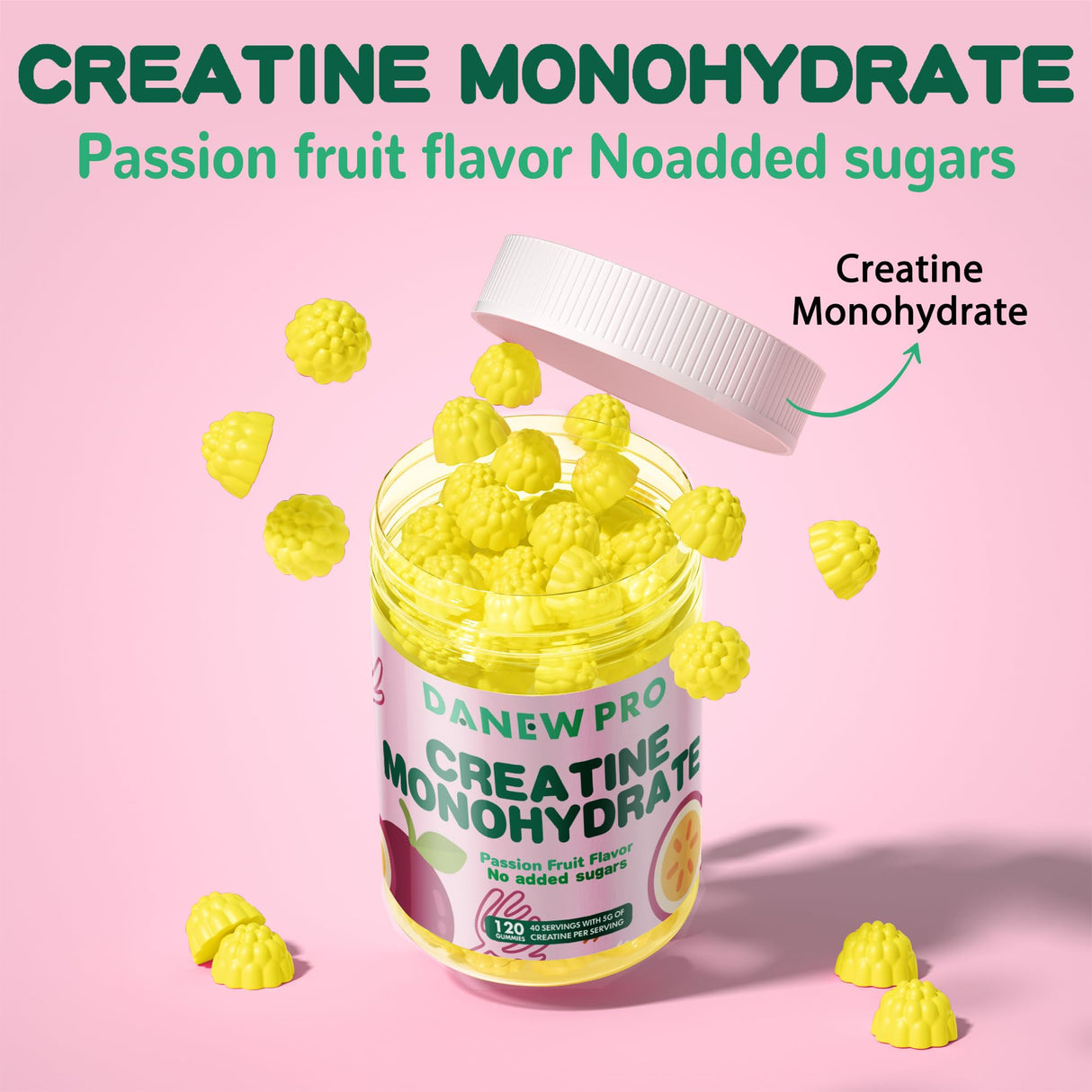 DANEW Pro Creatine Monohydrate Gummies 5000mg for Men & Women, Creatine Monohydrate for Muscle Strength, Muscle Builder, Energy Boost, Pre-Workout Supplement(120 Count)-Passion Fruit Flavor