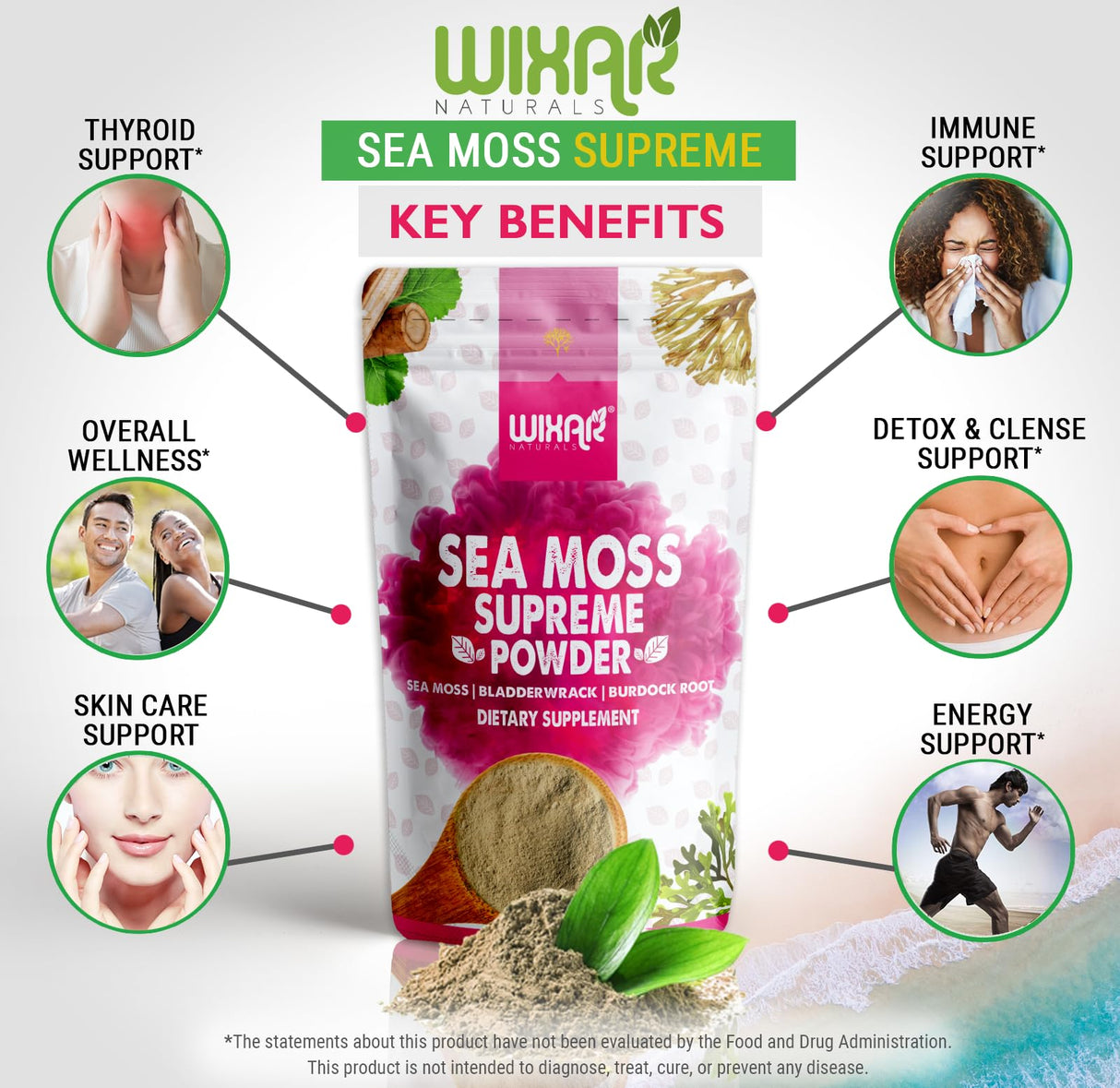 Wixar Wildcrafted Sea Moss Powder – (8 Ounces) – Natural Irish Sea Moss and Bladderwrack with Burdock Powder - Thyroid Support, Healthy Skin, Keto Detox, Joint Support Alkaline Supplements