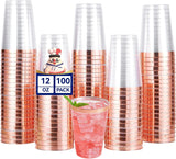 JOLLY CHEF 12 oz Rose Gold Plastic Cups Tumblers 100 Pack Disposable Clear