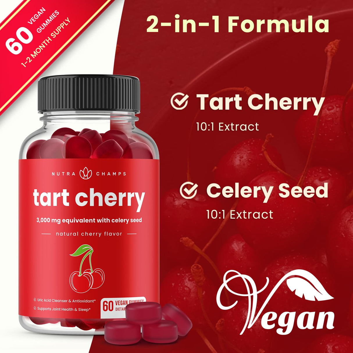 NutraChamps Tart Cherry Gummies - 3000mg Tart Cherry Extract with Celery Seed - Uric Acid Cleanse Supplement - Antioxidant, Joint Comfort, Flexibility, Immune Health, Sleep - 60 Vegan Gummies