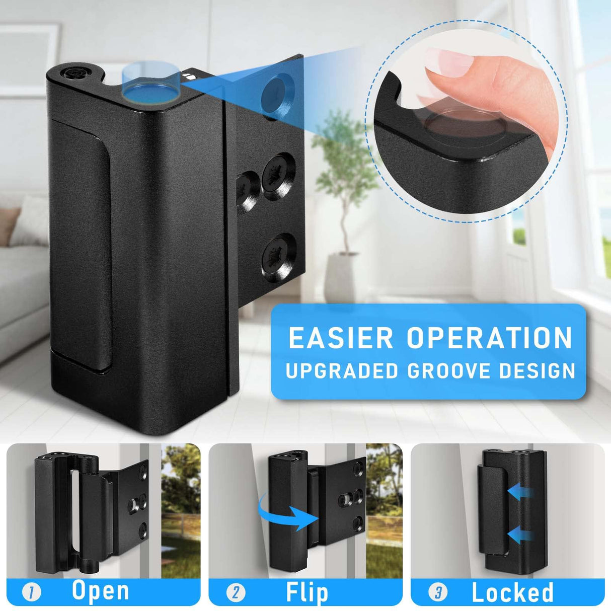 Steinwhale 3Pack Home Security Door Reinforcement Lock, Childproof Safety Door Lock Latch Inside Stopper, Add High Security to Prevent Home Unauthorized Entry, Aluminum Construction Finish Black