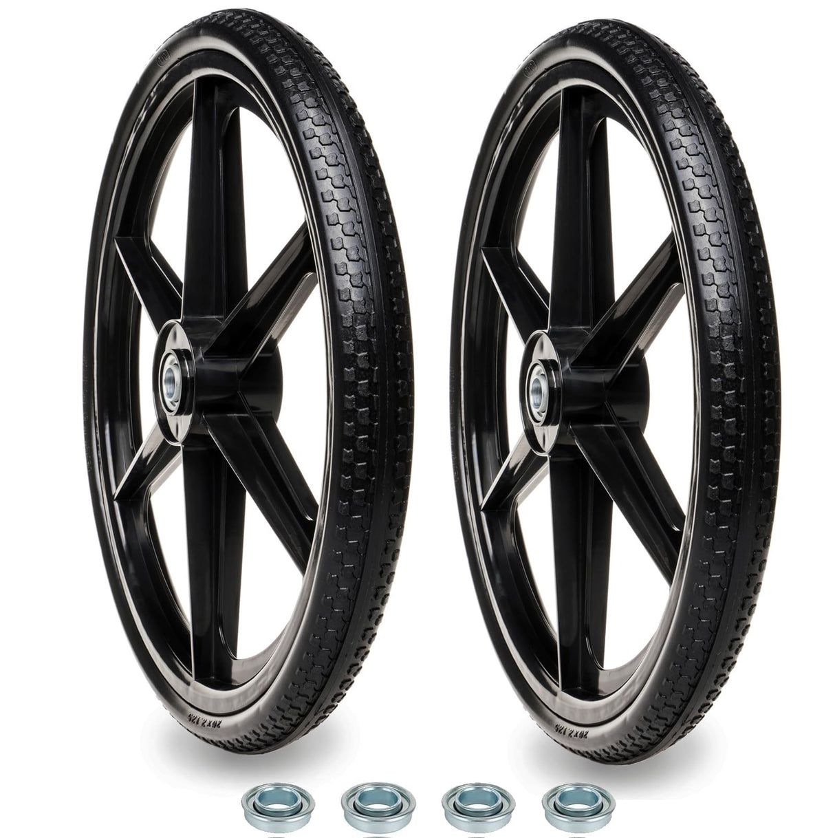 BAIVE BW 20" Flat Free Wheelbarrow Tires with 4Pcs 5/8" Bearing, Pu Flat Free Wheels Compatible with 2.44" Centered Hub for rubber-maid Garden Carts, Garden Trailers, Roofing Equipment