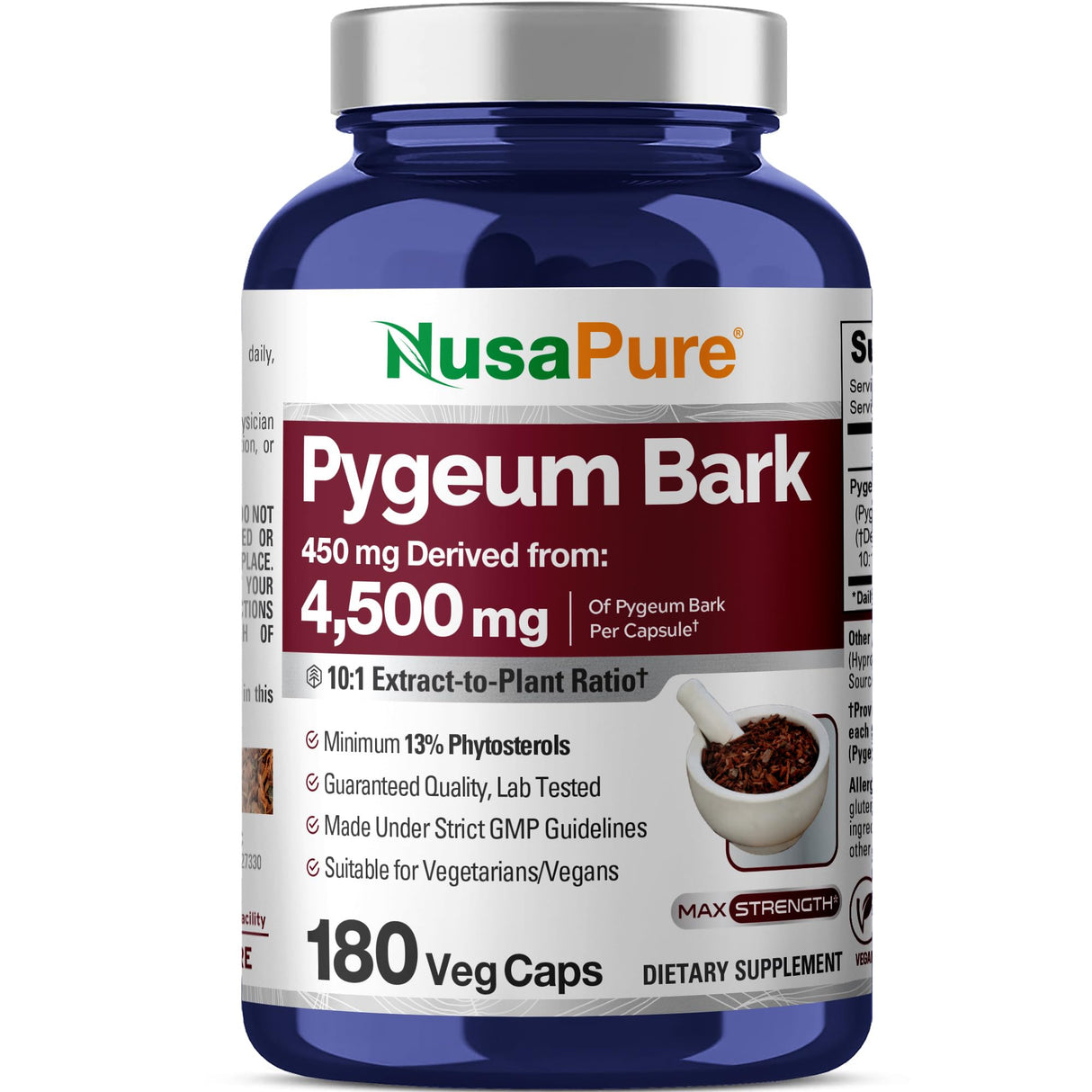 NusaPure Pygeum Bark 10:1 Extract, 450 mg Equivalent to 4,500mg 180 Veggie Caps (Non-GMO, Vegan)