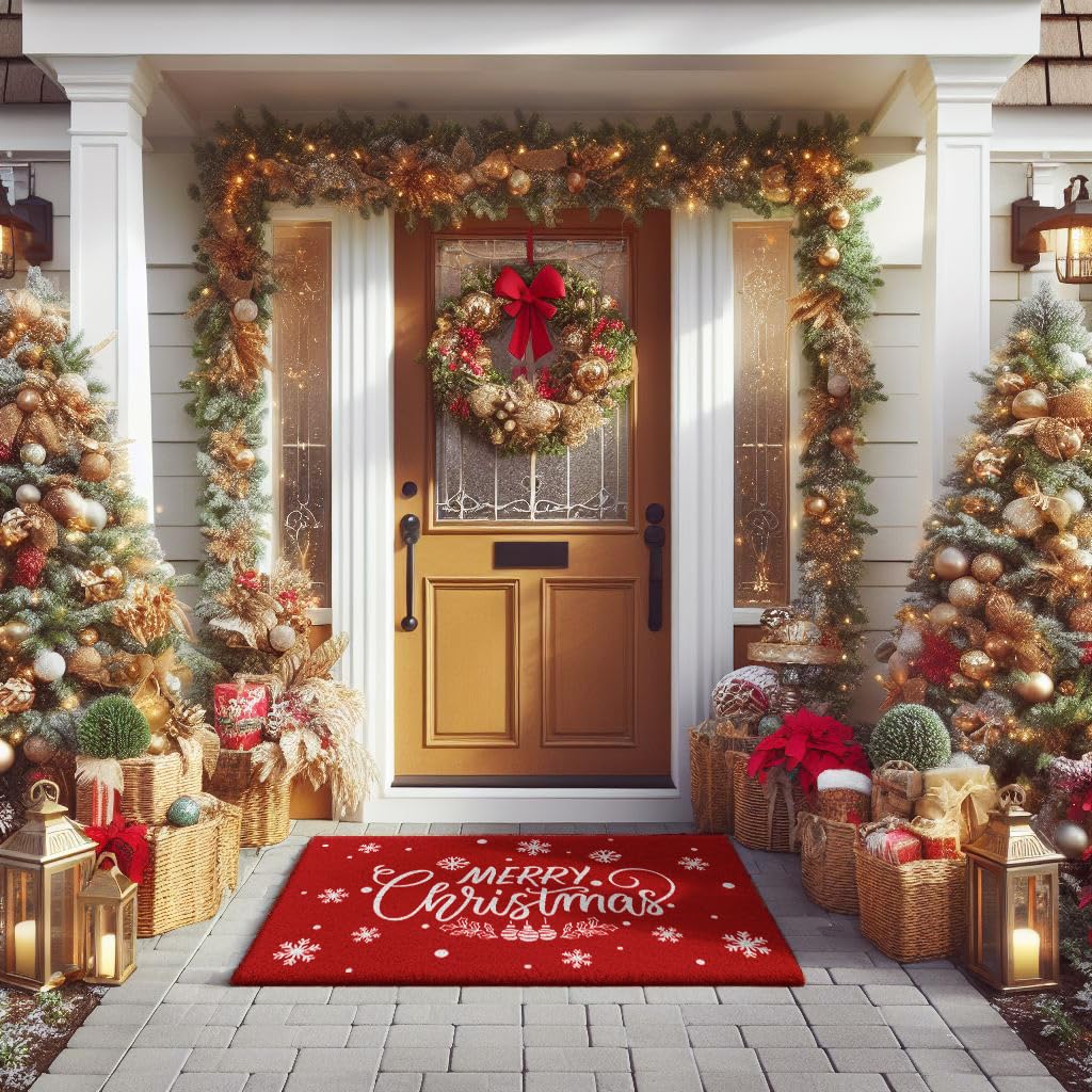 LuxUrux Premium Christmas Door Mat Outdoor - Elegant Coir Holiday Door Mat, Absorbent and Non-Slip for Outdoor Entrances Front Door (17'' x 30'' Merry Christmas.)
