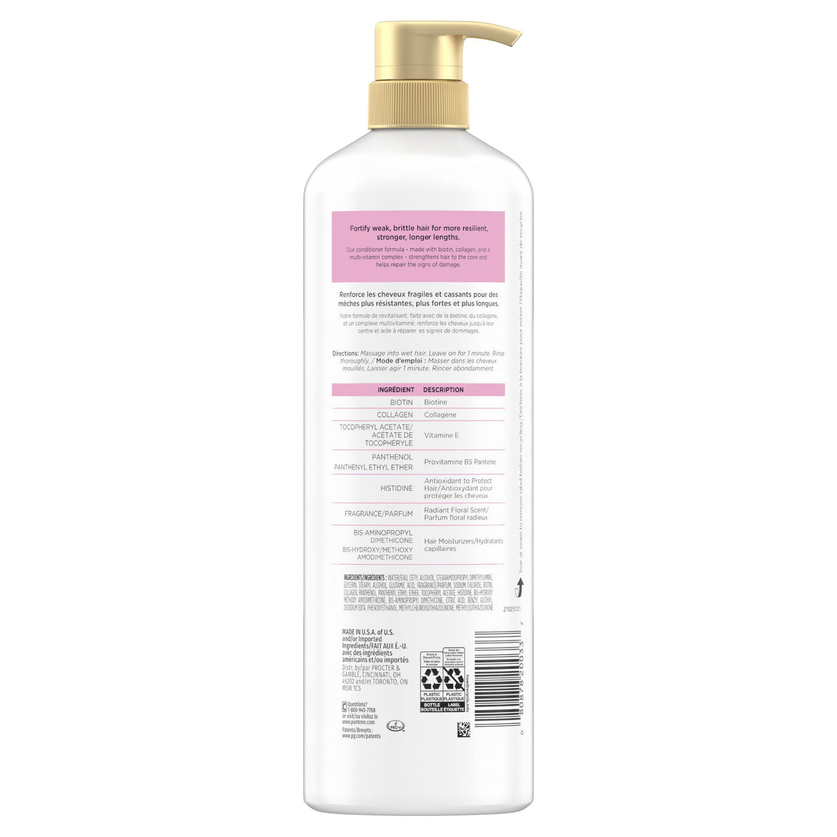 Pantene Infinite Lengths Conditioner with Biotin + Collagen, Strengthens Brittle Hair, Up to 90% Less Breakage, 1 Minute Miracle, Safe for Color Treated Hair, Floral Scent, 30 Fl Oz