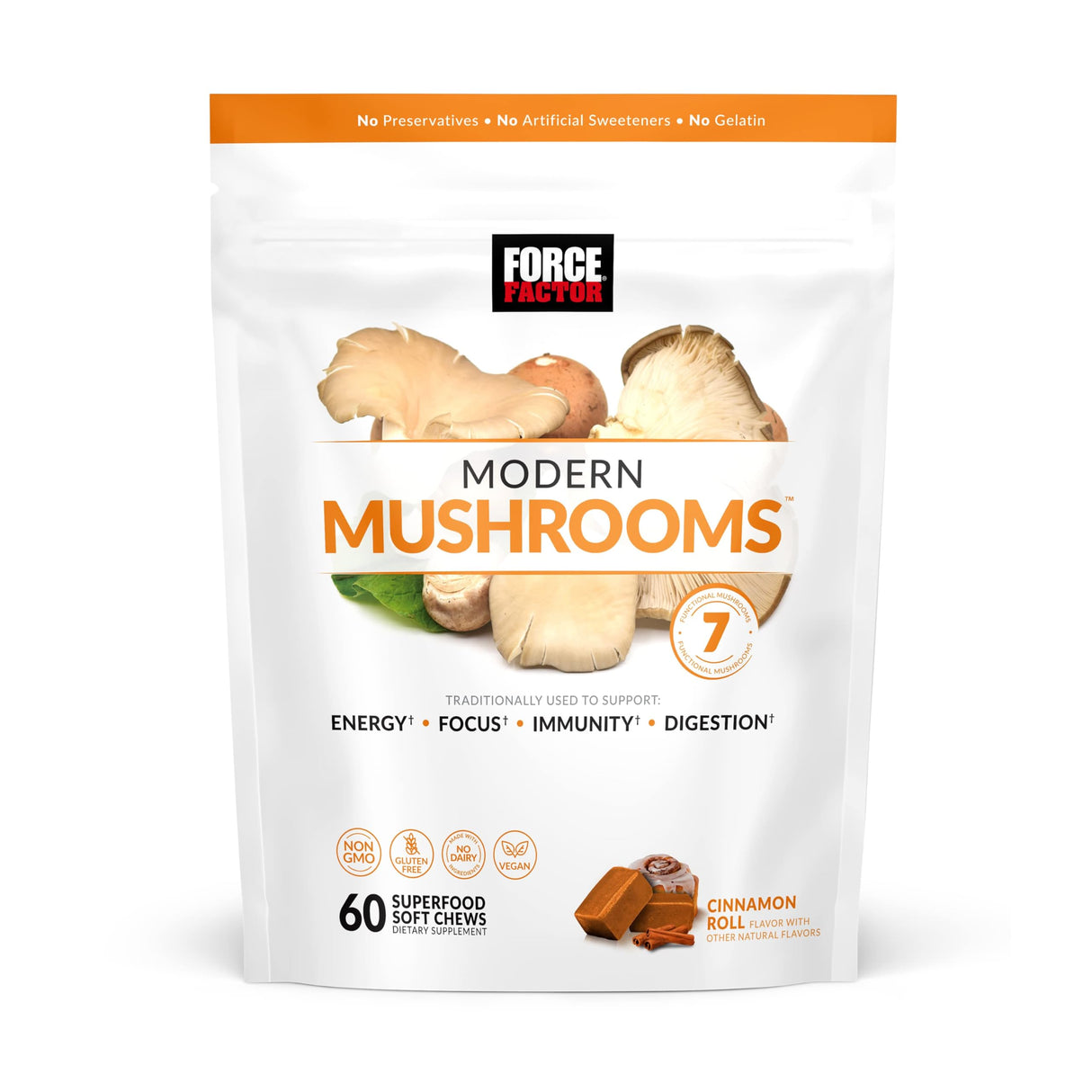 Force Factor Modern Mushrooms Soft Chews, Mushroom Supplement with Lions Mane, Turkey Tail, & Cordyceps to Support Energy, Focus, Immunity, & Digestion, Cinnamon Roll, 60 Soft Chews
