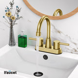 Gold Bathroom Faucet, Brushed Gold Bathroom Faucet, Gold Faucets for Bathroom Vanity, 4 Inch 2 Handle Centerset, Lead-Free, with Copper Pop Up Drain (Brushed Gold)