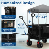 Holacamking Collapsible Canopy Wagon Cart, Heavy Duty Utility Wagon with Removable Sun Cover, All-Terrain Big Wheels, Dual Brakes, Extra Large Grocery Cart for Beach Camping Sports Tailgates, Black