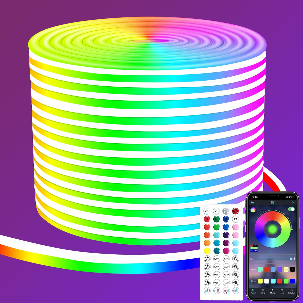 segrass 50ft RGB LED neon Rope Lights LED neon Lights with Remote Control/APP Control IP65 Waterproof Flexible Neon LED Strip Lights for Bedroom Room Outdoors Décor