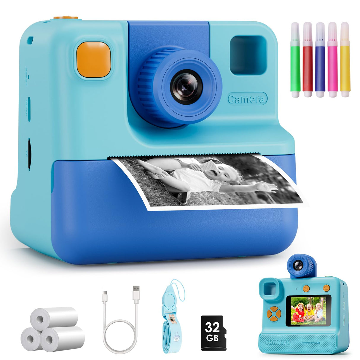 Kids Camera Instant Print, Christmas Birthday Gifts for Girl Boys 3-12 Years Old, FHD Selfie Digital Video Cameras Toddler 3 Rolls Print Paper & 32G Card (Blue)