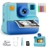 Kids Camera Instant Print, Christmas Birthday Gifts for Girl Boys 3-12 Years Old, FHD Selfie Digital Video Cameras Toddler 3 Rolls Print Paper & 32G Card (Blue)