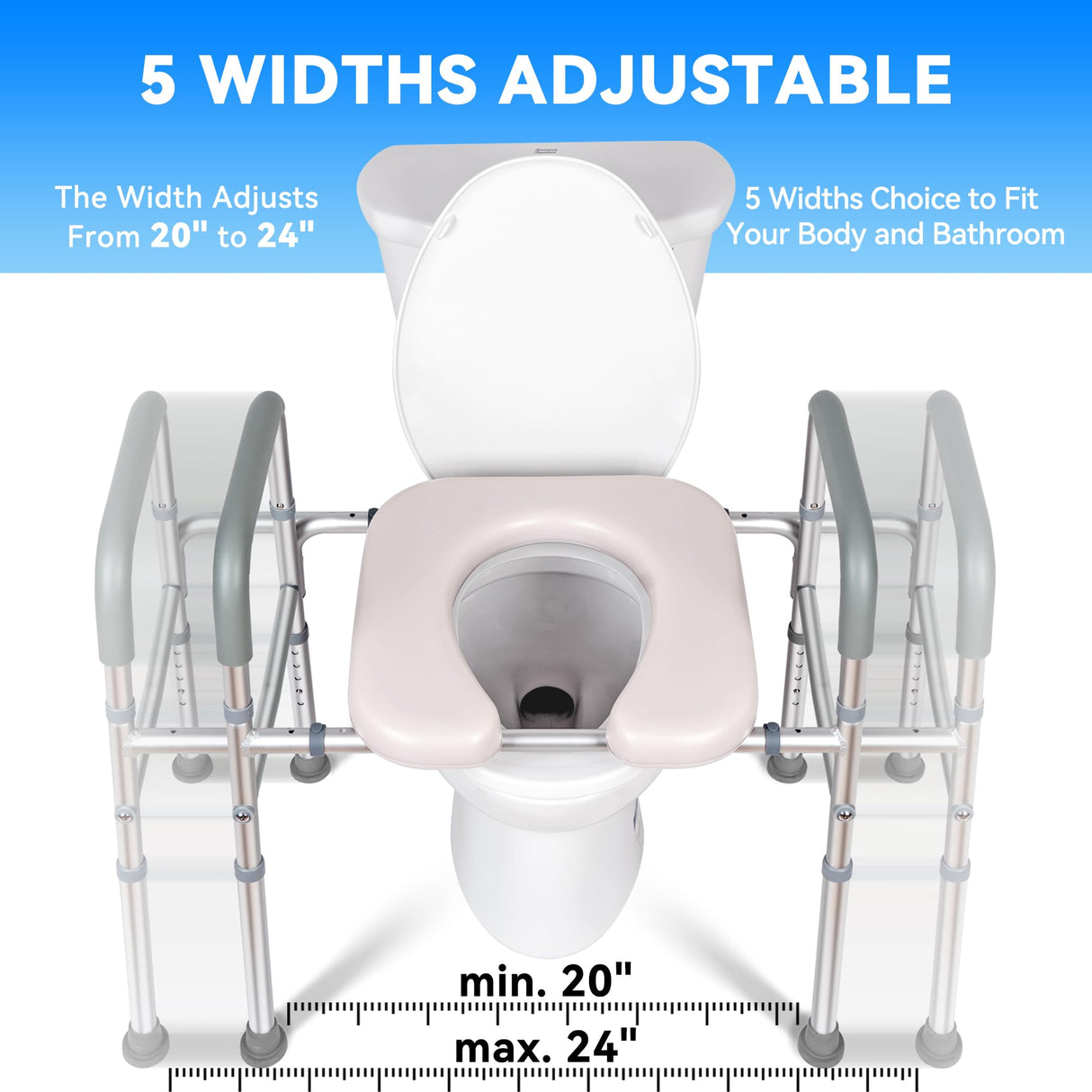 LimLuc Raised Toilet Seat with Handles, Width and Height Adjustable Commode Chair for Toilet with Arms and Widen Seat, Up to 400lbs, Raised Toilet Seat for Seniors, Handicap, Pregnant, Fits Any Toilet