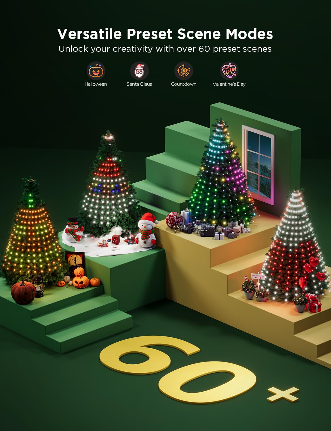 Govee Christmas Tree Lights, Smart RGBIC 480 LEDs Christmas Lights, 6.6ft × 24 String Lights for Holiday Decorations, Music Sync, Voice and APP Control, 60+ Scene Modes, Green Wire, Adapter