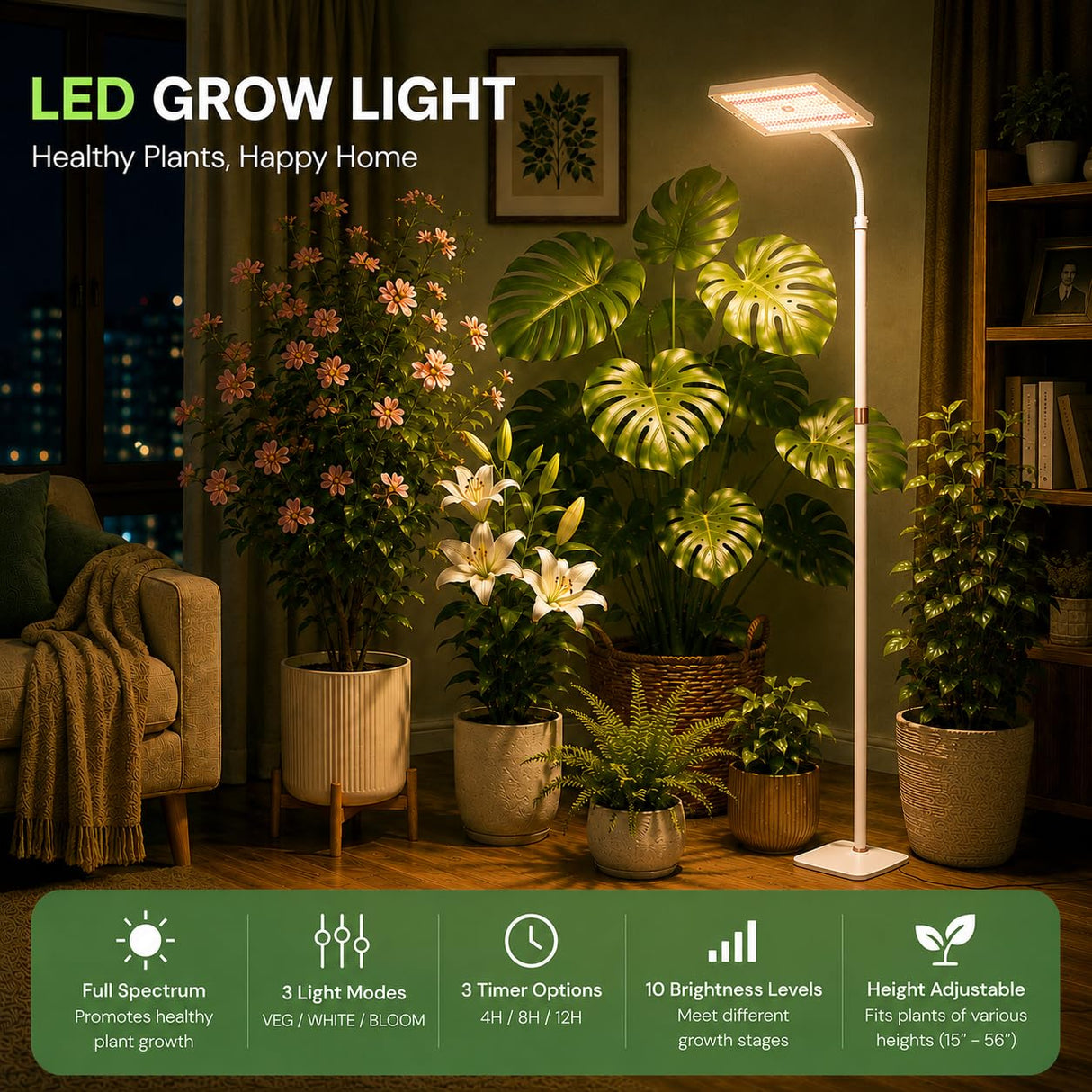 LED Grow Lights for Indoor Plants with Stand for Floor and Tabletop, Full Spectrum Plant Lights for Indoor Growing with Timer 4H/8H/12H, Grow Light with 3 Lighting Mode & 10 Dimmable Brightness.
