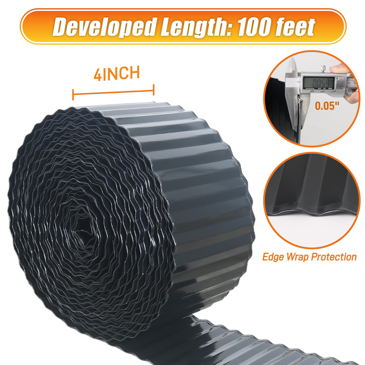 Quibbay Corrugated Metal Garden Edging, 4"×100Ft Landscape Edging Border for Lawn, Flower Bed and Garden, Flexible Lawn Edging for DIY Tree Surrounds Borders and Landscaping, Black