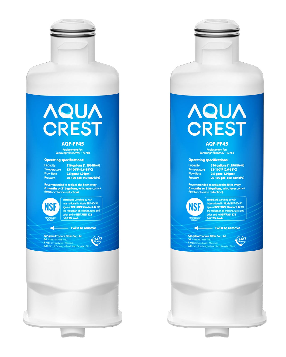 AQUA CREST DA97-17376B Replacement for Samsung® DA97-08006C, HAF-QIN/EXP, RS27T5200SR, RF28T5001SR, RF24R7201SR, RF28R6201SR, AQF-FF45, Refrigerator Water Filter (Pack of 2)