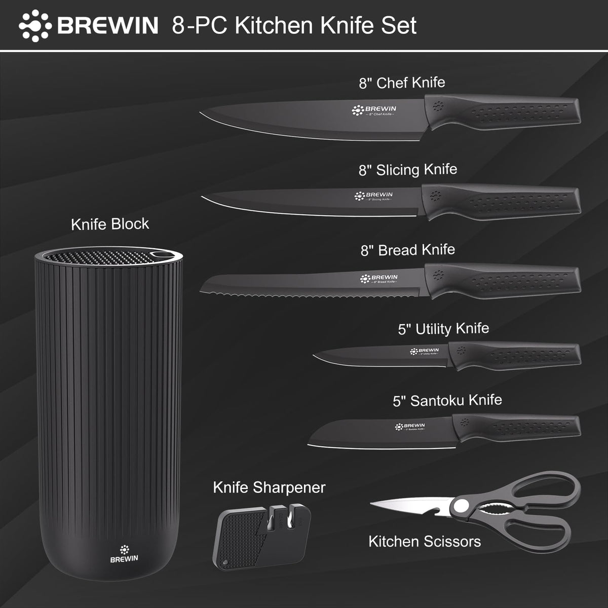 Brewin Knife Set, 8PC Kitchen Knife Set with Universal Block and Scissors