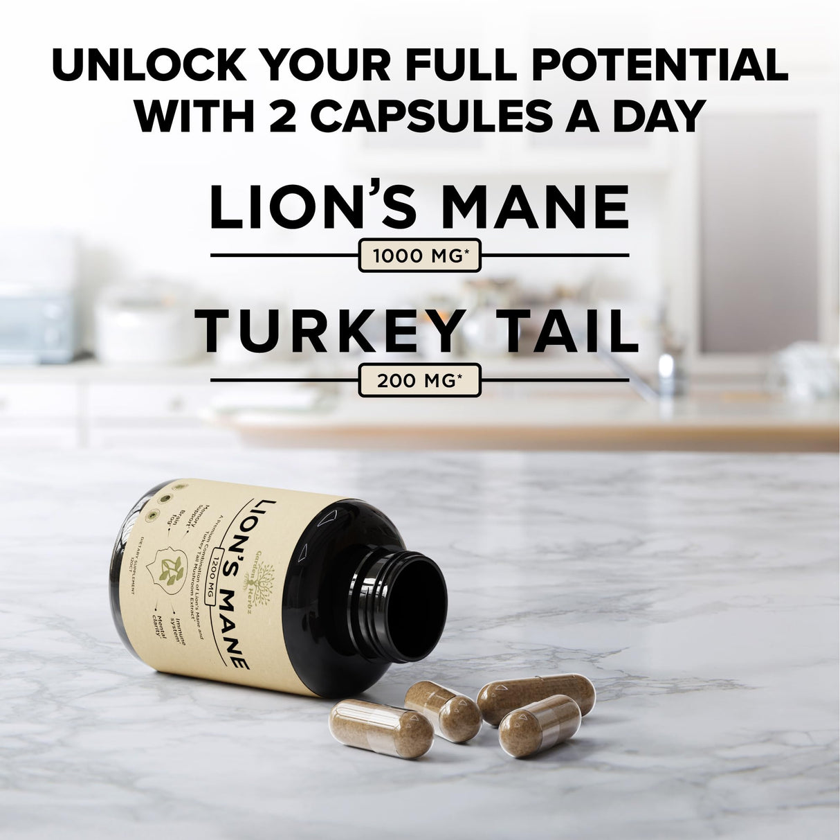 Garden of Herbz Lion’s Mane Mushroom Supplement Capsules with Turkey Tail – Mushroom Extract Blend, Non-GMO, 1200 mg per Serving, 120 Capsules