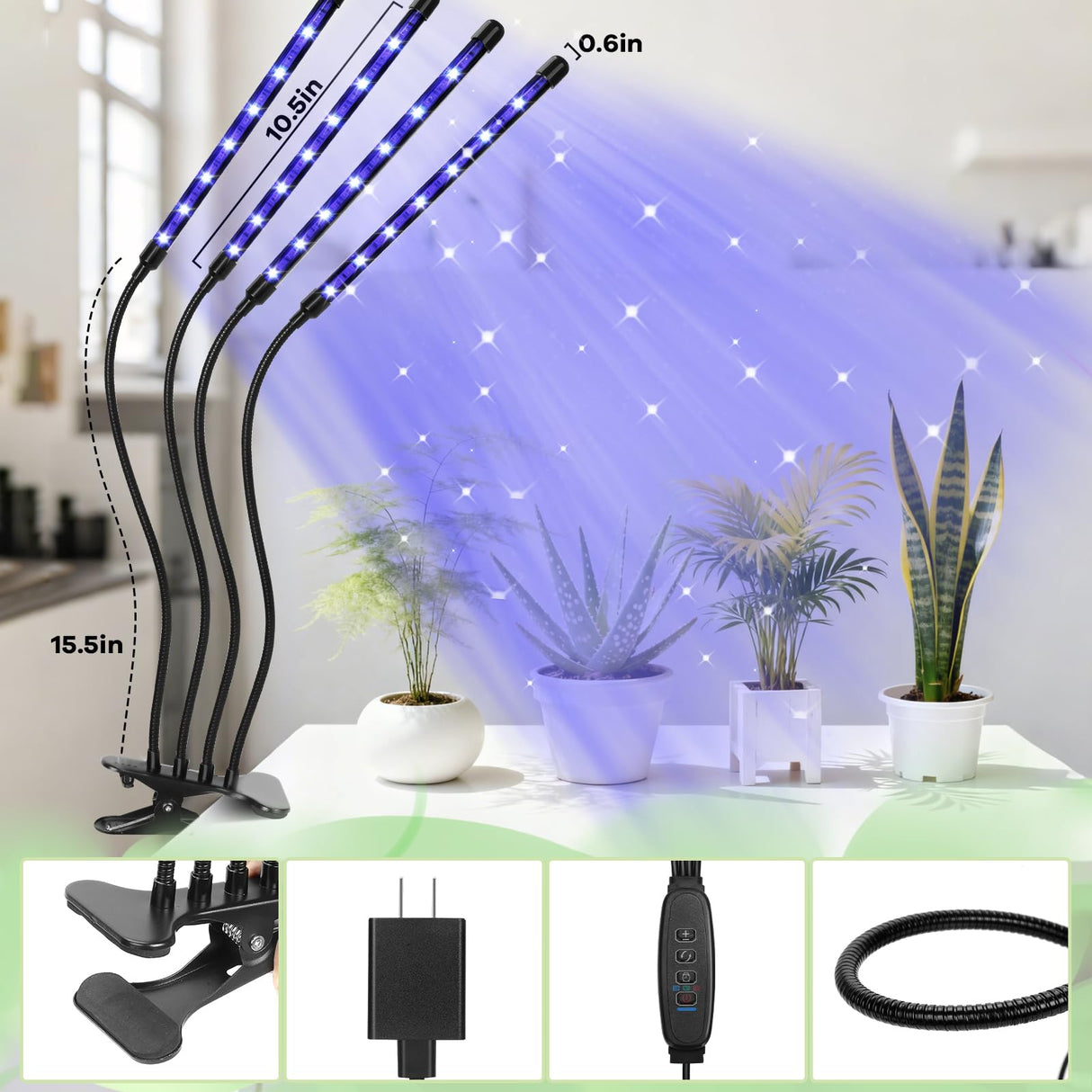 AURAZIGLI Led Grow Lights, 4 Heads Red Blue Plant Light with Clamp for Indoor Plants & Seed Starting, 10-Level Dimmable, Auto On Off, Timing 3 9 12Hrs