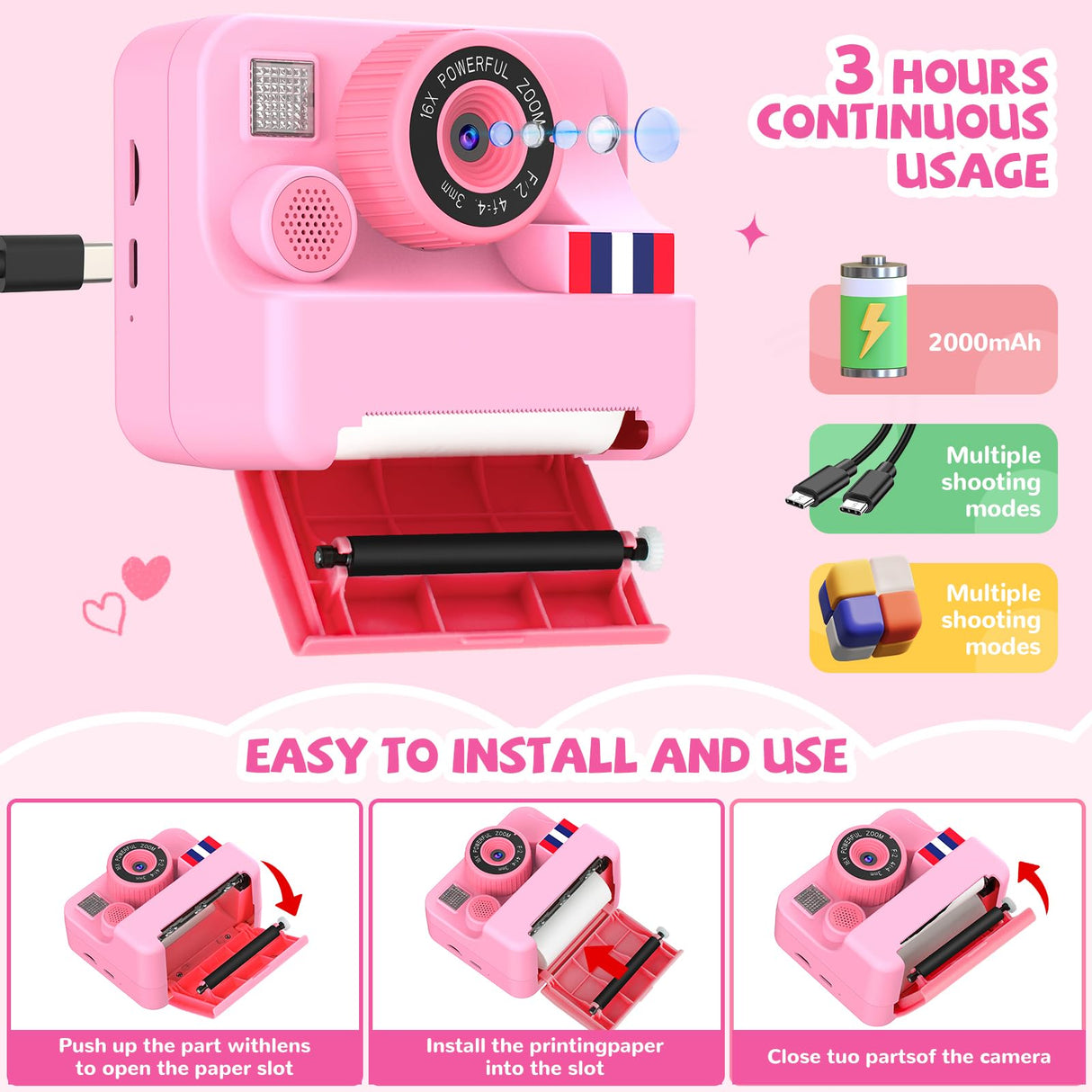 Yosfeng Instant Print Camera for Kids - Christmas Birthday Girls Gifts for Age 3 4 5 6 7 8 9 10 Year Old, 2.4 Inch Screen Kids Instant Camera, Kid Digital Video Cameras Toys with 32 GB SD Card