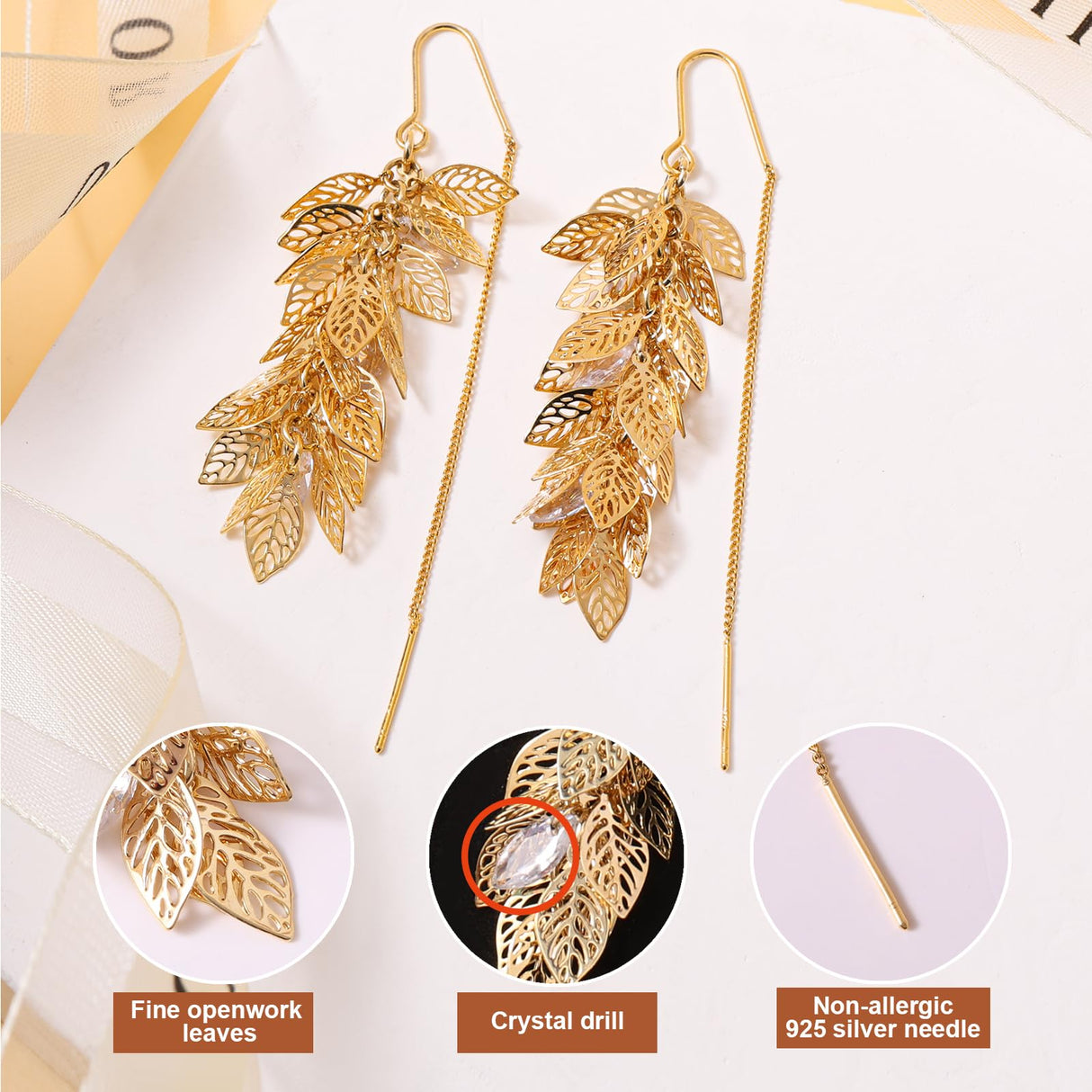 ZioNNyxviana 14K Gold Plated Leaf Threader Crystal Earrings for Women, Long Tassel Elegant Dangle Drop Earrings for Weddings, Galas, and Formal Events, Hypoallergenic Lightweight Jewelry Idea Gift(Gold)