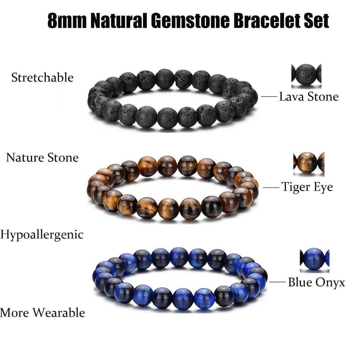 RANKEEF Tiger Eye Bracelet For Men 8MM Natural Stone Beads Bracelet Set Stretch Lava Rock Bracelets Adjustable Black Crystal Beaded Bracelet for Men Women Gifts