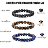 RANKEEF Tiger Eye Bracelet For Men 8MM Natural Stone Beads Bracelet Set Stretch Lava Rock Bracelets Adjustable Black Crystal Beaded Bracelet for Men Women Gifts
