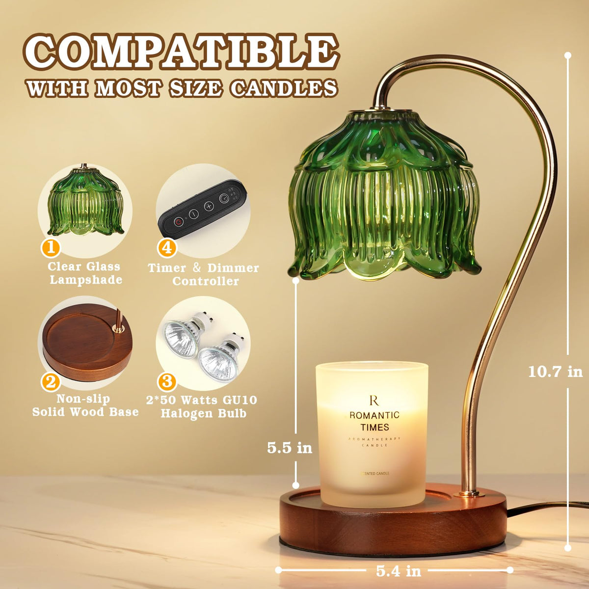 Funistree Green Candle Warmer Lamp with Timer, Dimmable Flower Candle Lamp Warmer, Vintage Christmas Birthday Gifts for Women, Mom, Female Friend, Aromatic Candle Light for Yankee Candles